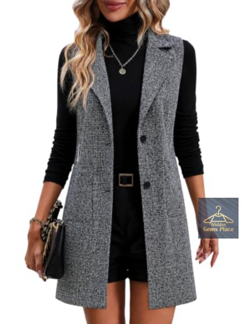 Women's Houndstooth Blazer Vest Fully Lined Casual Office Pockets